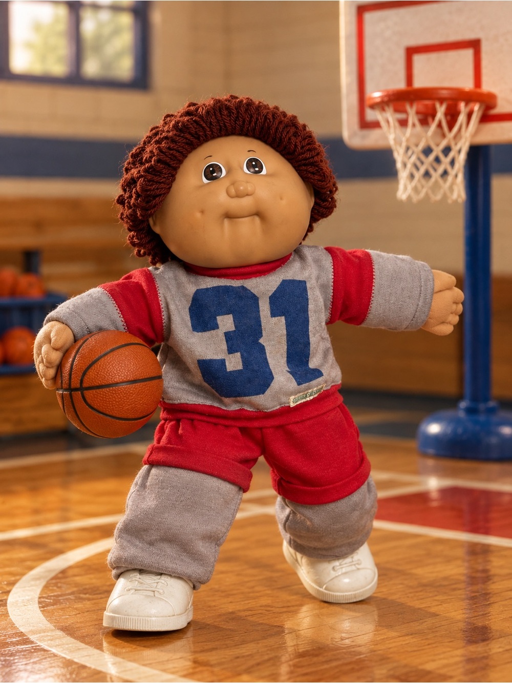 82 Cabbage Patch Kids Soft Body Boy Doll Brown Eyes Curly Hair Sport Outfit #31
